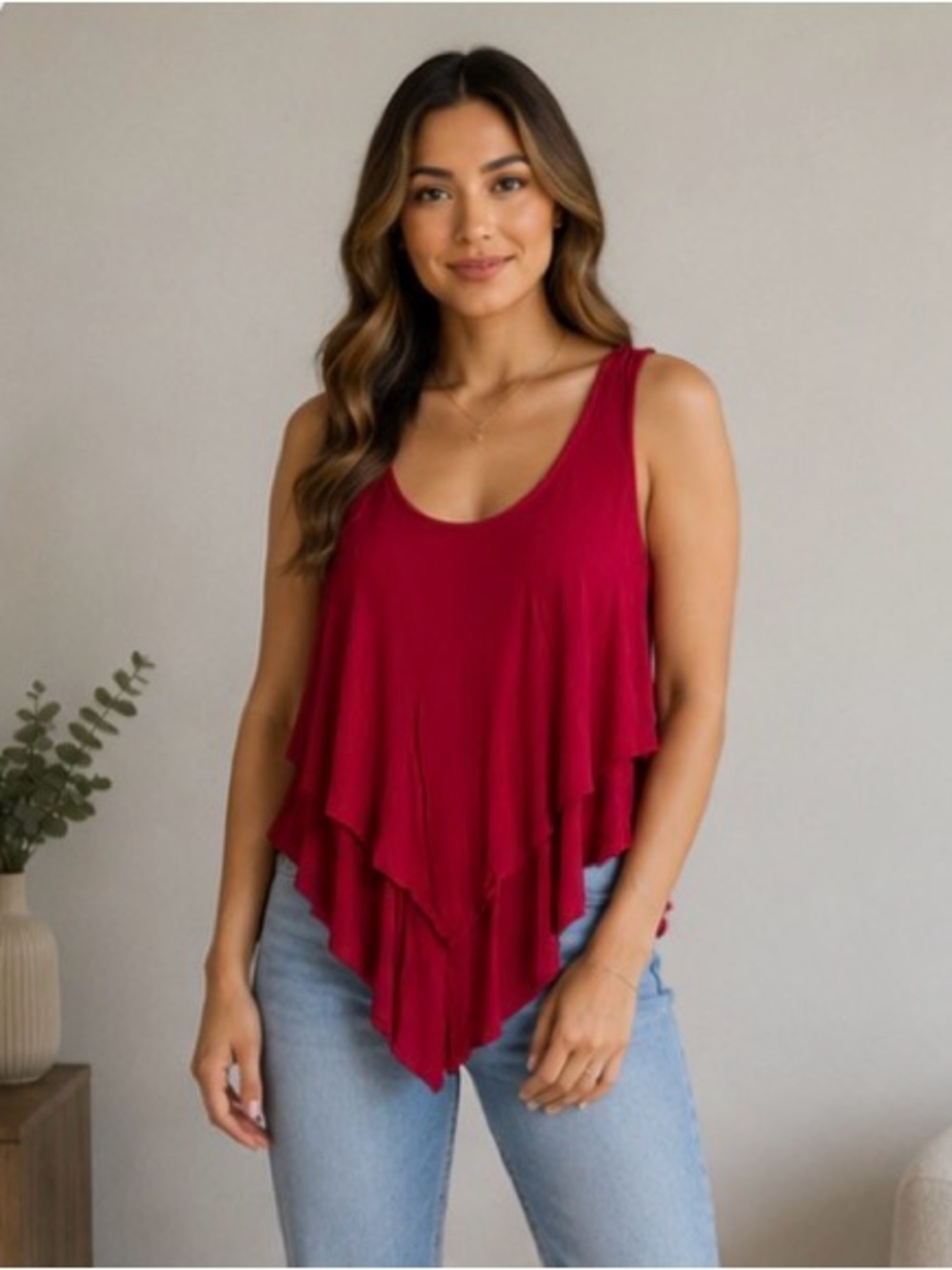 love J Layered Ruffle Tank Top - Red